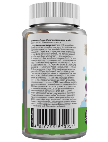 Мультивітаміни для дітей, Kids Multivitamins, My Nutri Week, смак персика, 60 желейних пастилок 95477 фото