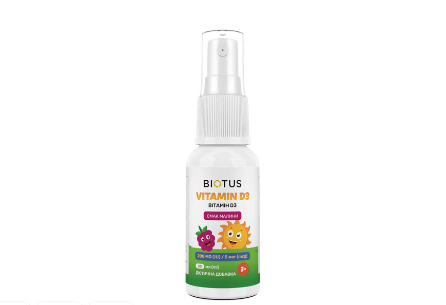 Вітамін D3, Vitamin D3, Biotus, спрей для дітей, смак малини, 200 МО/5 мкг, 30 мл BIO-532122 фото