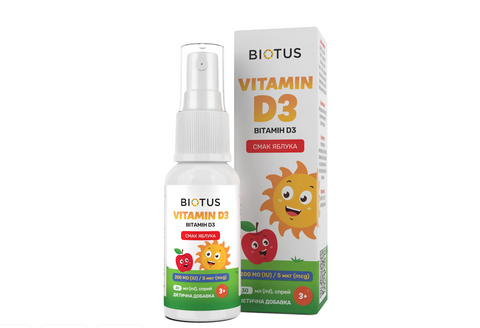 Вітамін D3, Vitamin D3, Biotus, спрей для дітей, смак яблука, 200 МО/5 мкг, 30 мл  BIO-532115 фото